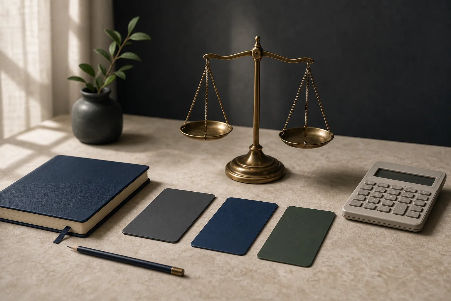 Balance scale, unbranded comparison cards aur calculator ke saath exchange decision desk
