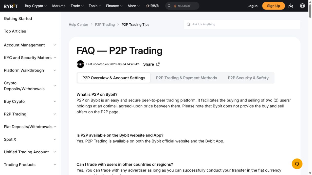 Bybit Help Center P2P FAQ ka screenshot jahan do users ke darmiyan agreed-price trade samjhaya gaya hai