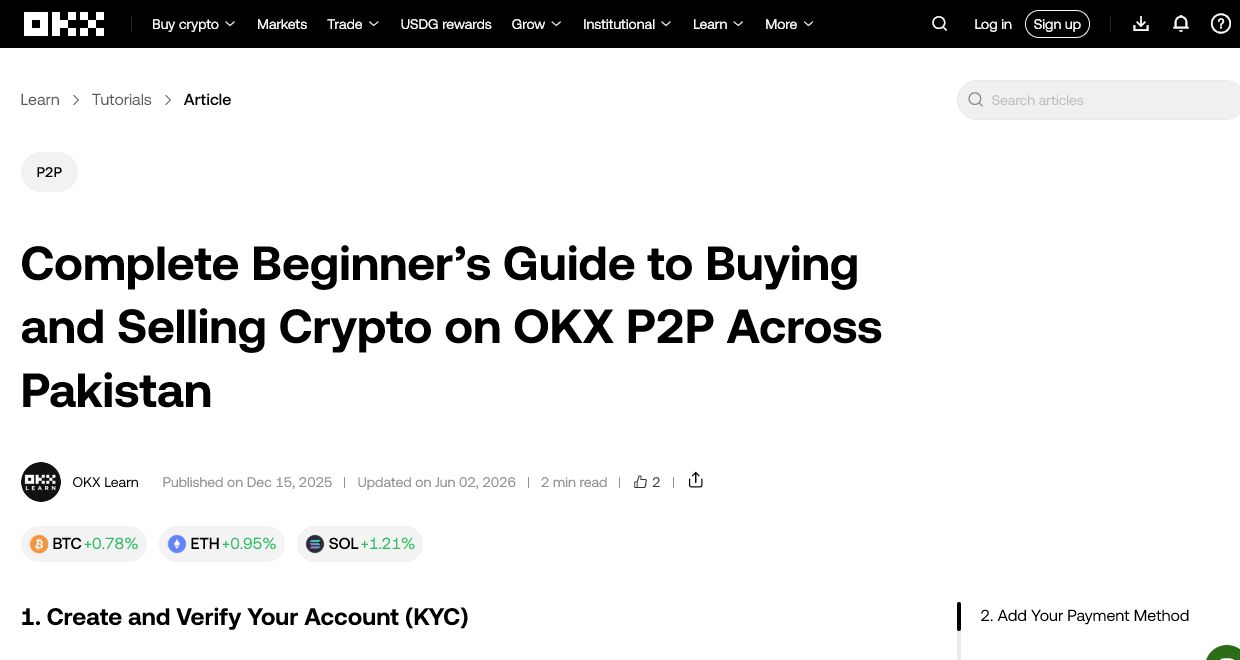 OKX Learn Pakistan P2P beginner guide ka screenshot jahan title aur 2026 update date nazar aati hai